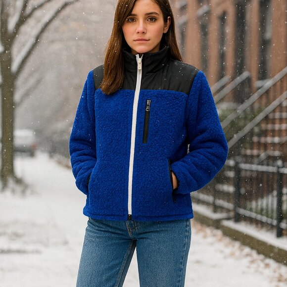 Sandy Liang Rushi Shearling Sherpa Jacket Blue Black Fleece Zip Up Coat L NWOT - Picture 14 of 14